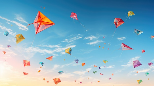 A bunch of colorful kites soaring in the sky