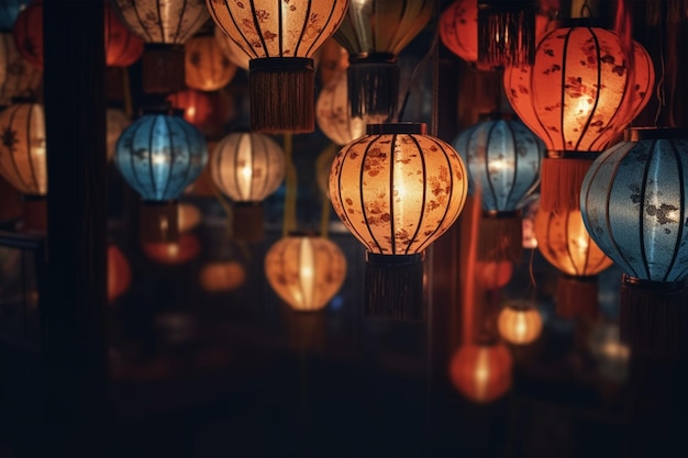 A bunch of colorful lanterns are hanging from the ceiling generative ai