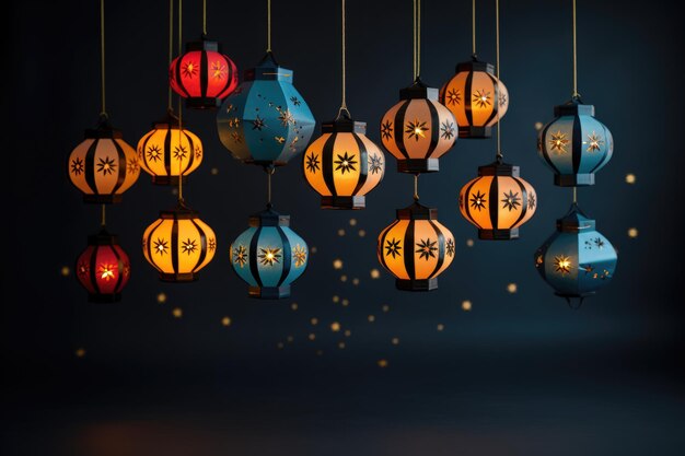 Photo a bunch of colorful lanterns hanging from a ceiling paper divali lanterns