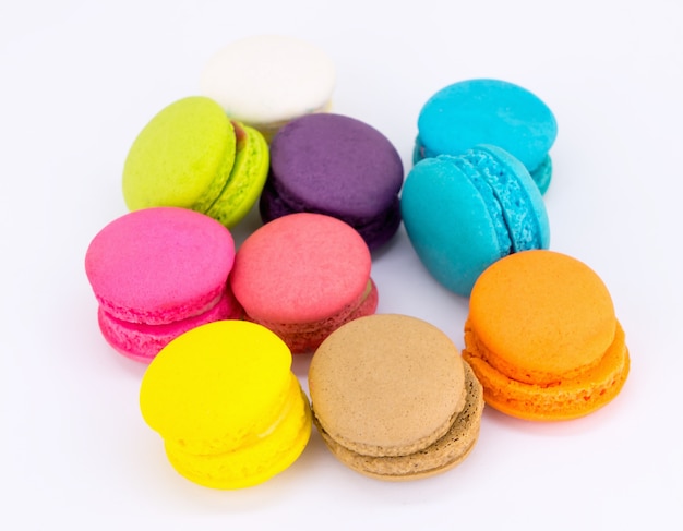 Bunch of Colorful Macaron on white background.