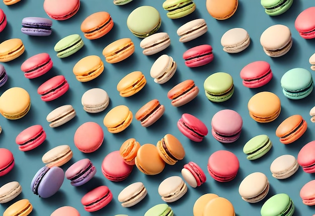 a bunch of colorful macarons are on a blue table