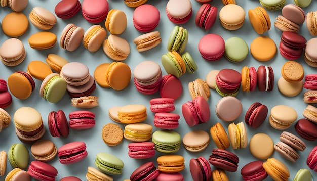 a bunch of colorful macarons are on a table