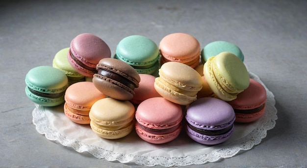 a bunch of colorful macarons are on a table