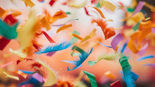 a bunch of colorful paper birds are flying in the air