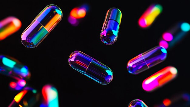 Photo a bunch of colorful pills floating in the air