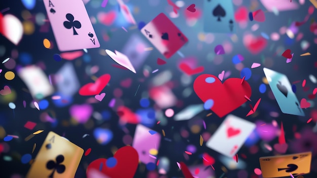 A bunch of colorful playing cards and confetti falling in the air