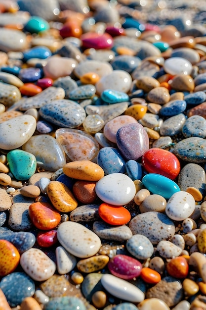 a bunch of colorful rocks are on the ground and one has a rainbow colored rock