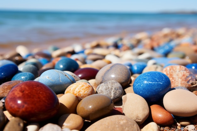 a bunch of colorful rocks on the beach