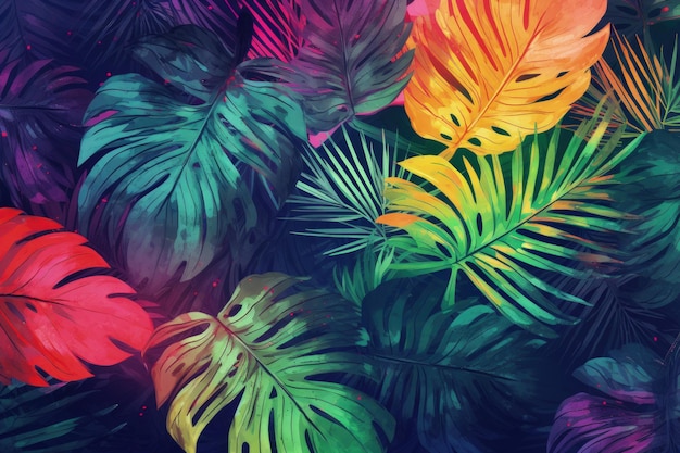 A bunch of colorful tropical leaves on a black background generative AI