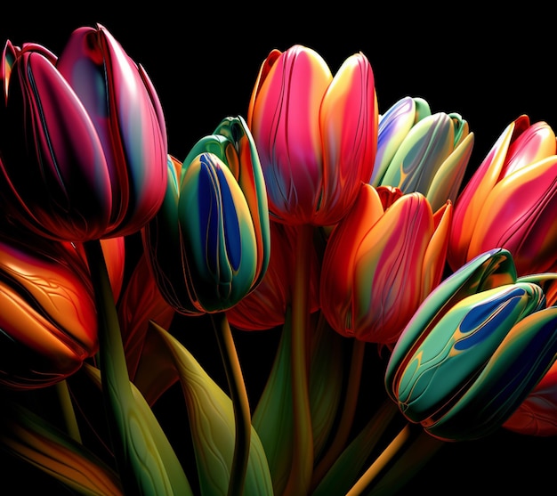 A bunch of colorful tulips are in a black background.