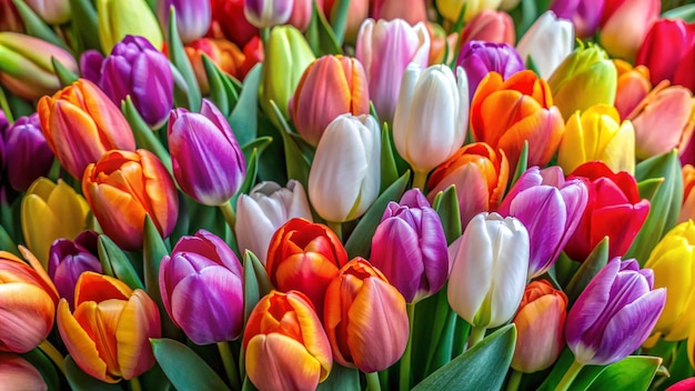 a bunch of colorful tulips with the colors of the rainbow