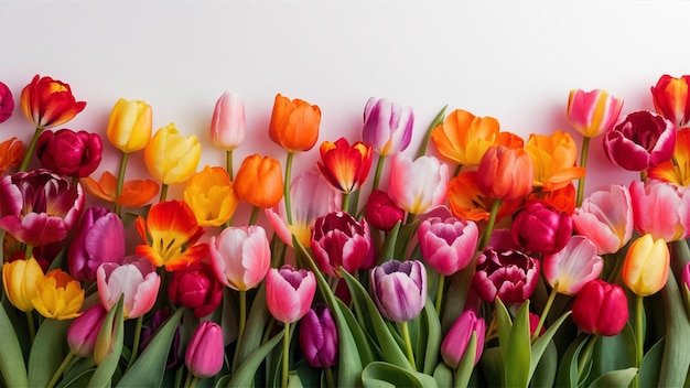 a bunch of colorful tulips with one of them has a white background