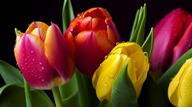 A bunch of colorful tulips with water drops on them