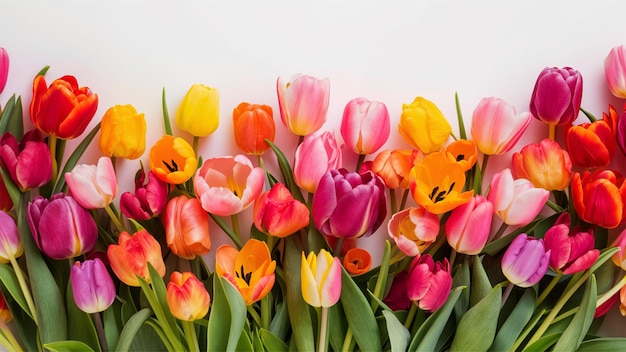 a bunch of colorful tulips with a white background