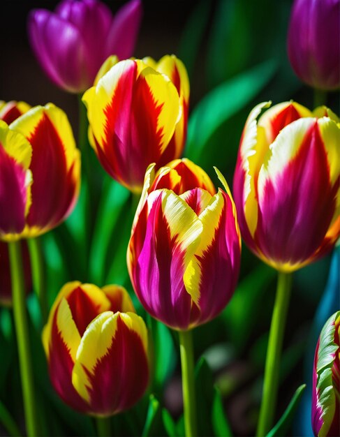 Photo a bunch of colorful tulips with yellow and red colors