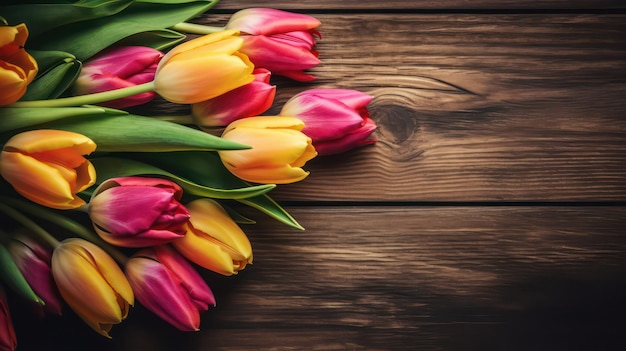 A bunch of colorful tulips on a wooden background