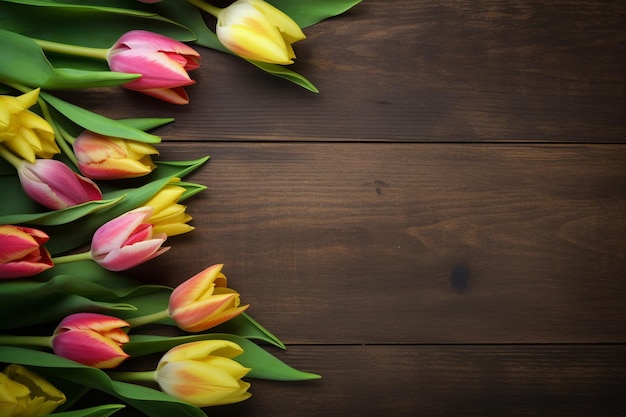 A bunch of colorful tulips on a wooden background