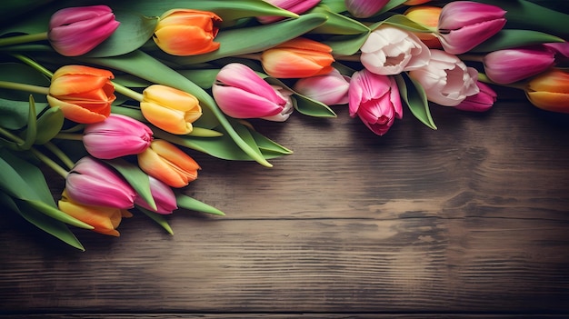 A bunch of colorful tulips on a wooden background