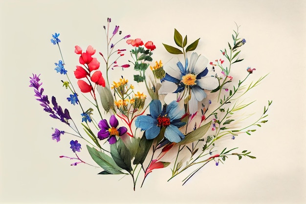 Bunch of colorful wildflowers on a cream colored backgroundgenerative ai