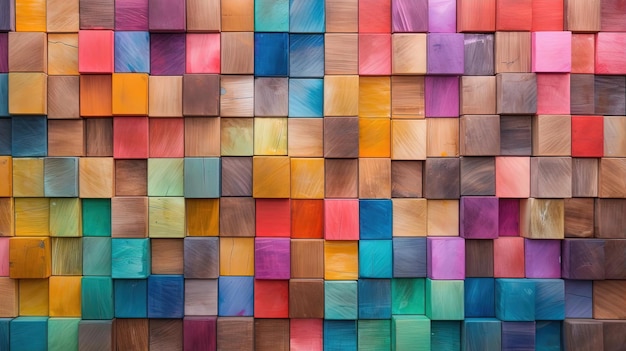 a bunch of colorful wooden blocks in various colors in the style of muralist