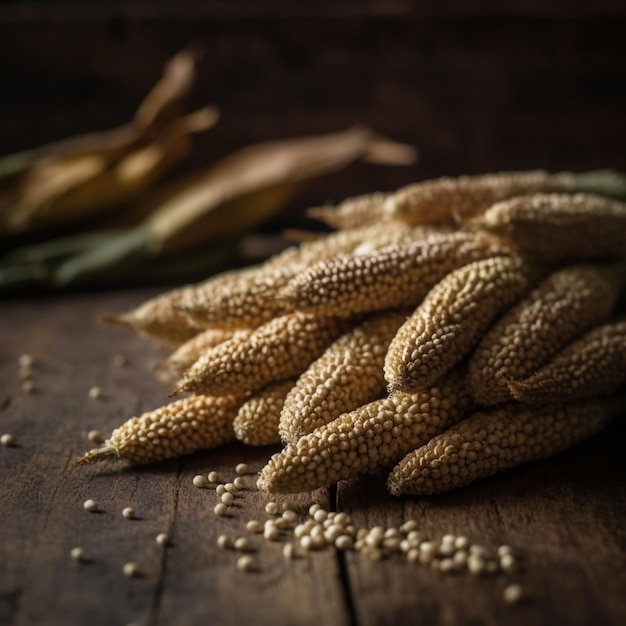 A bunch of corn on a wooden table with a few other corn kernels in the background.