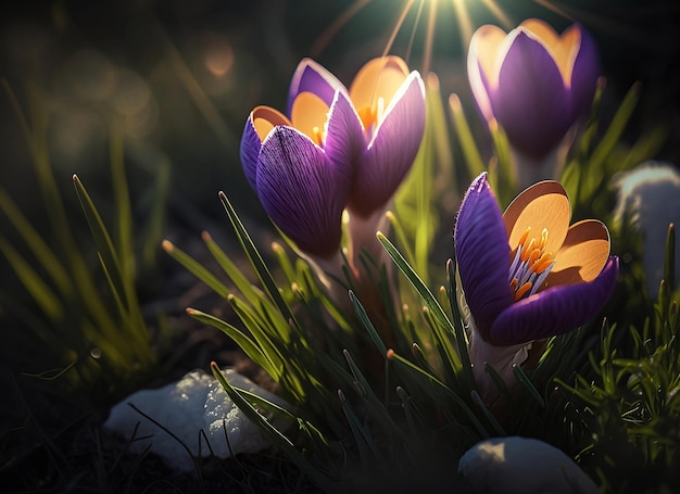 A bunch of crocus flowers in the sunlight