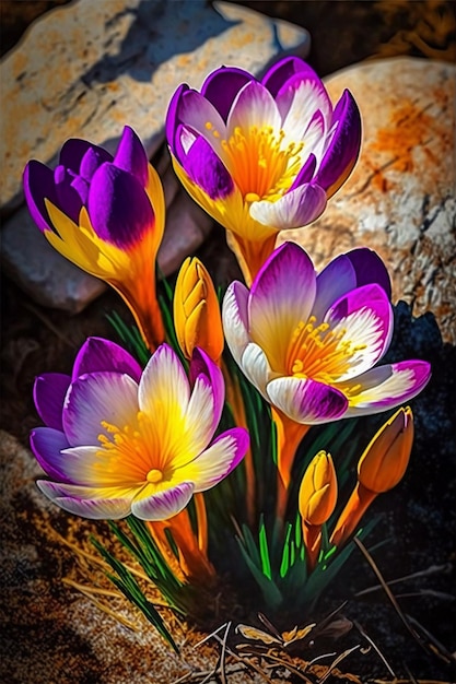 A bunch of crocus flowers with the sun shining on them.