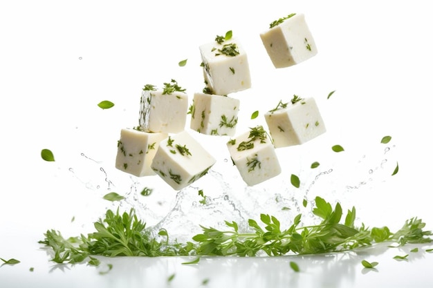 Photo a bunch of cubes of cheese with herbs