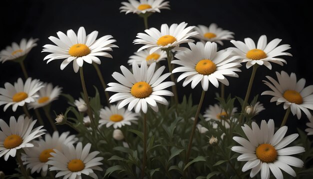 a bunch of daisies are in a vase with a black background