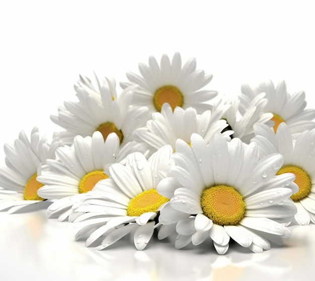 A bunch of daisies are on a white background