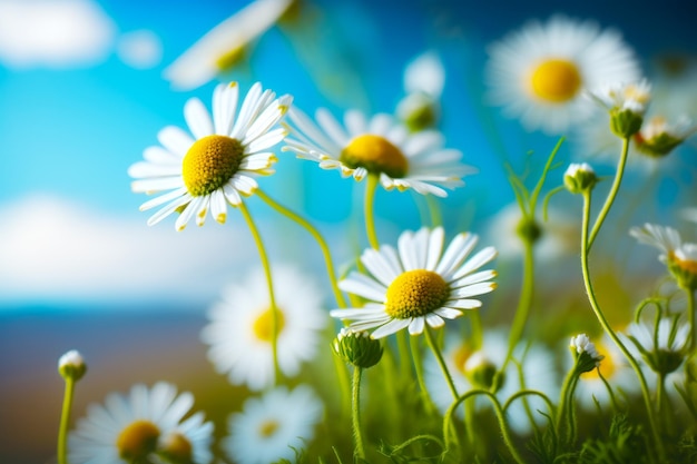 Bunch of daisies in field with blue sky in the background Generative AI