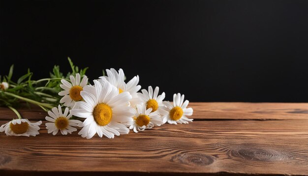 a bunch of daisies on a wooden table with a black background