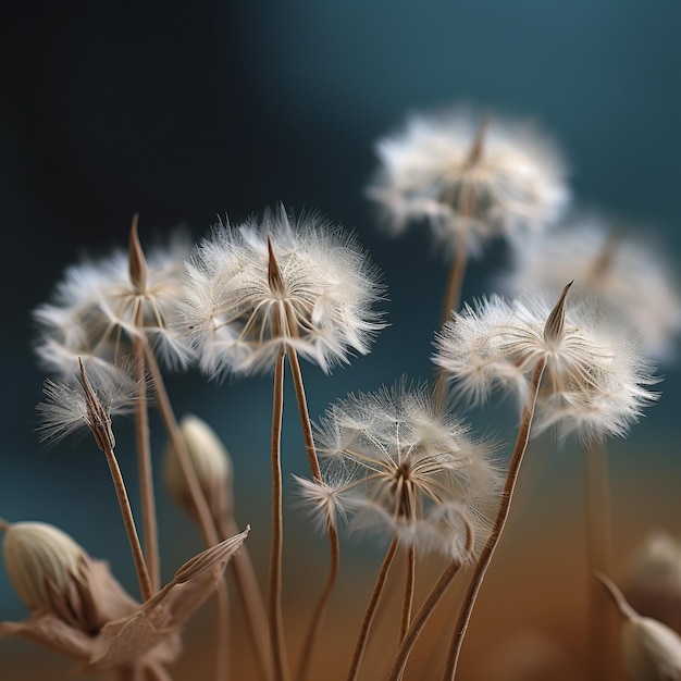 A bunch of dandelions with the light blue background behind them