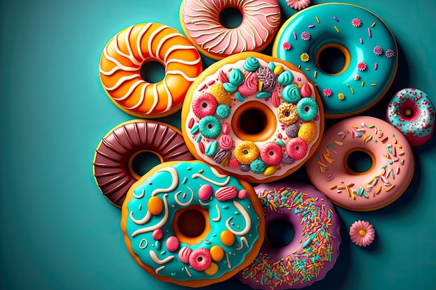 Bunch of delicious donuts with multicolored decoration for sweet dessert