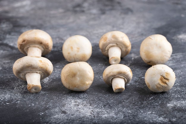 Bunch of delicious white raw mushrooms placed on marble surface.