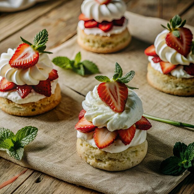 Photo a bunch of desserts with strawberries and cream on top of them