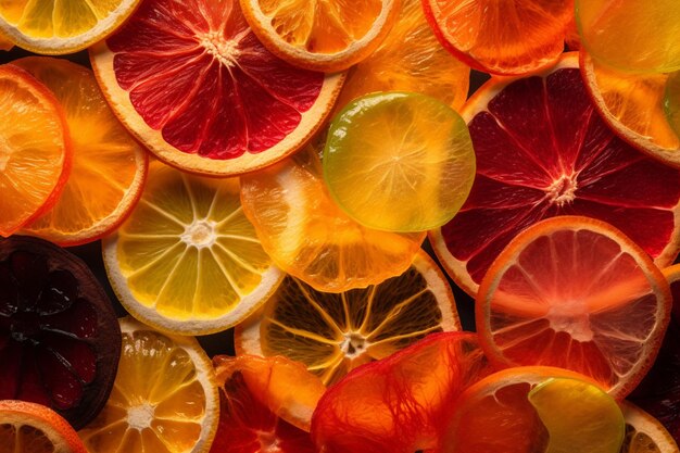 A bunch of different colored fruit are arranged in a pile.