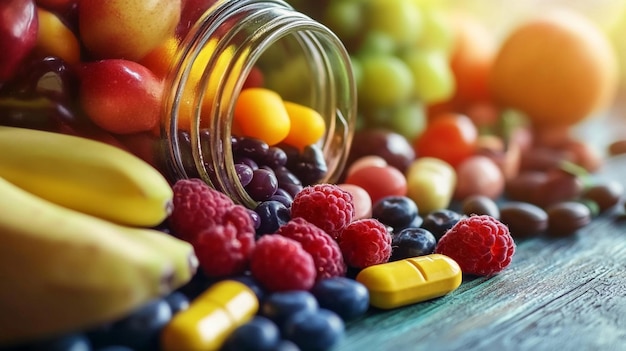 Photo a bunch of different colored fruits are on a table