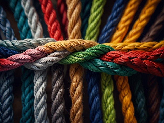 a bunch of different colored ropes are lined up with different colors