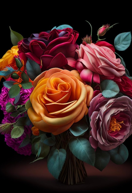 A bunch of different colored roses in a vase generative ai