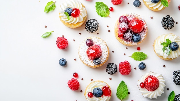 a bunch of different desserts with berries and leaves on a table