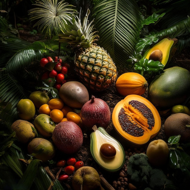 a bunch of different fruits including a banana and a half of a melon