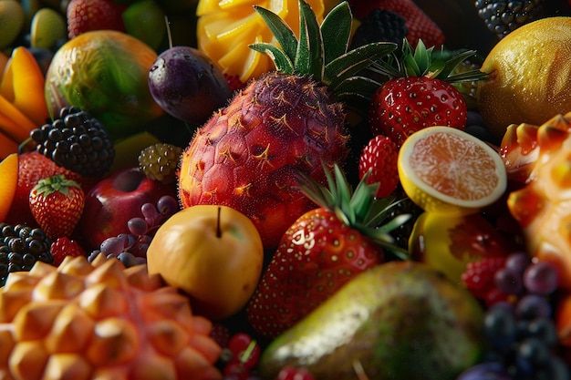 a bunch of different fruits including one that has a candle on it