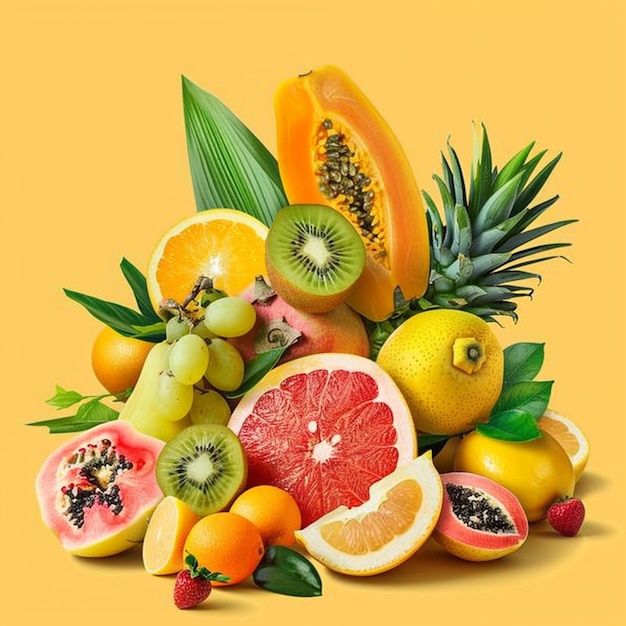 a bunch of different fruits including one that has the word fruit on it