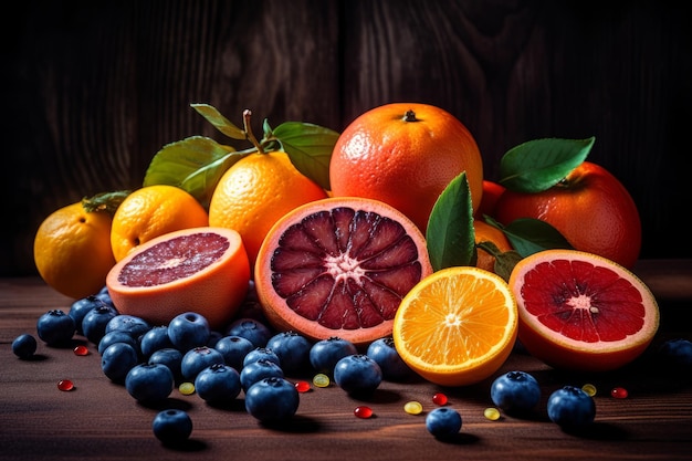 A bunch of different fruits including oranges, blueberries, and oranges