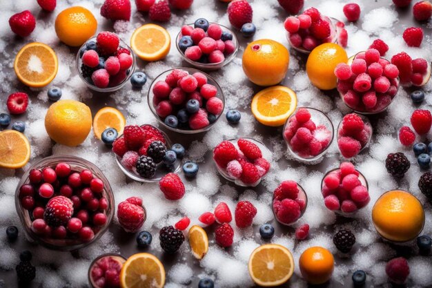 a bunch of different fruits including raspberries blueberries and oranges