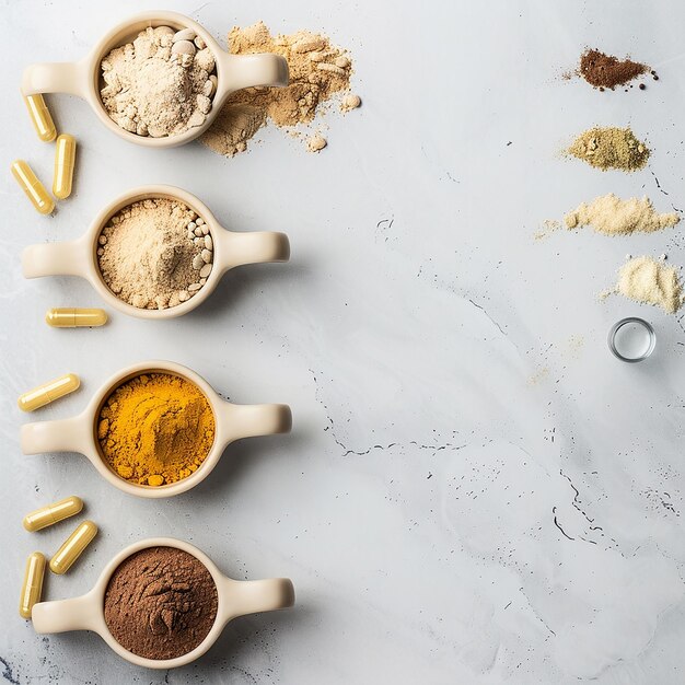 Photo a bunch of different spices are on a table with a can of sugar