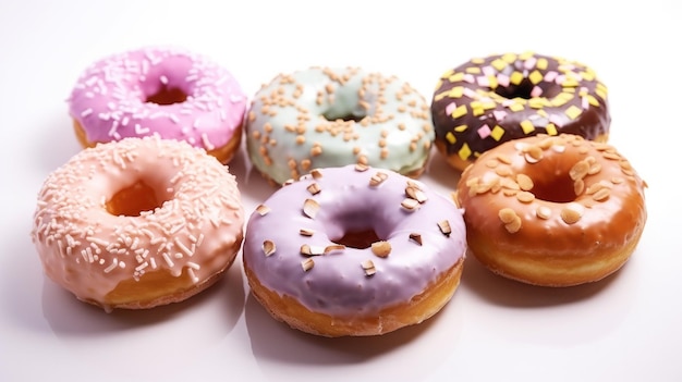 A bunch of donuts are on a table with one of them has different flavors.