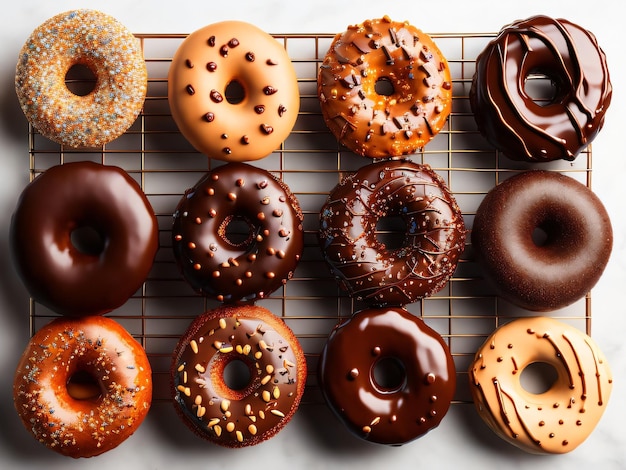 A bunch of donuts are on a wire rack and one is chocolate and the other is chocolate.