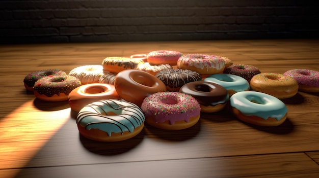 A bunch of donuts on a table with a brick wall behind them.